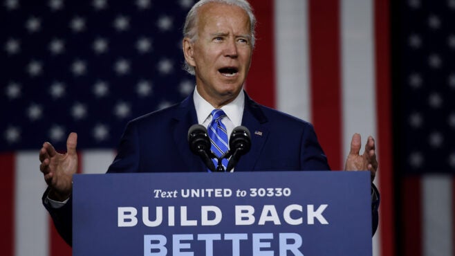 Joe Biden speaks at a "Build Back Better" clean energy event in July 2020. (Photo by OLIVIER DOULIERY/AFP via Getty Images)