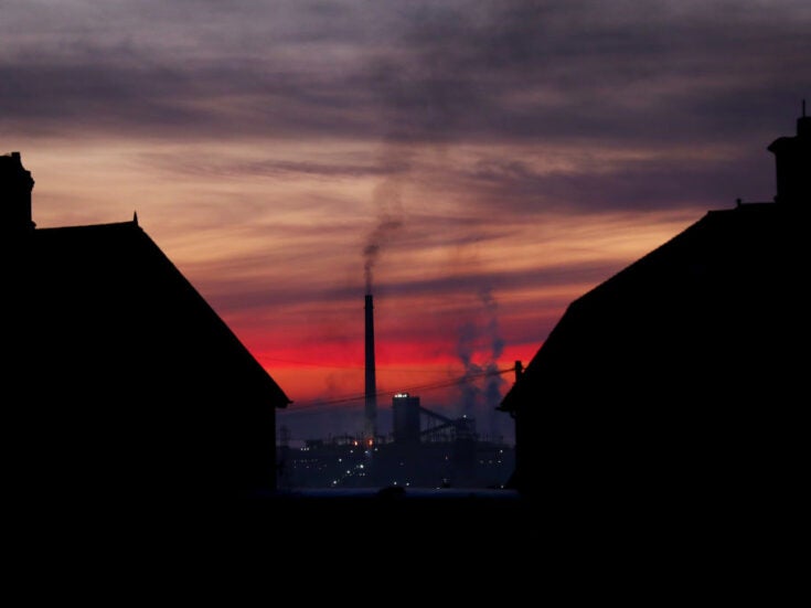 a UK steelworks at dusk