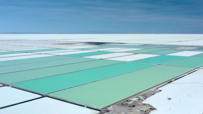 The evaporation pools of a state-owned lithium extraction complex situated on the salt flats of southern Bolivia