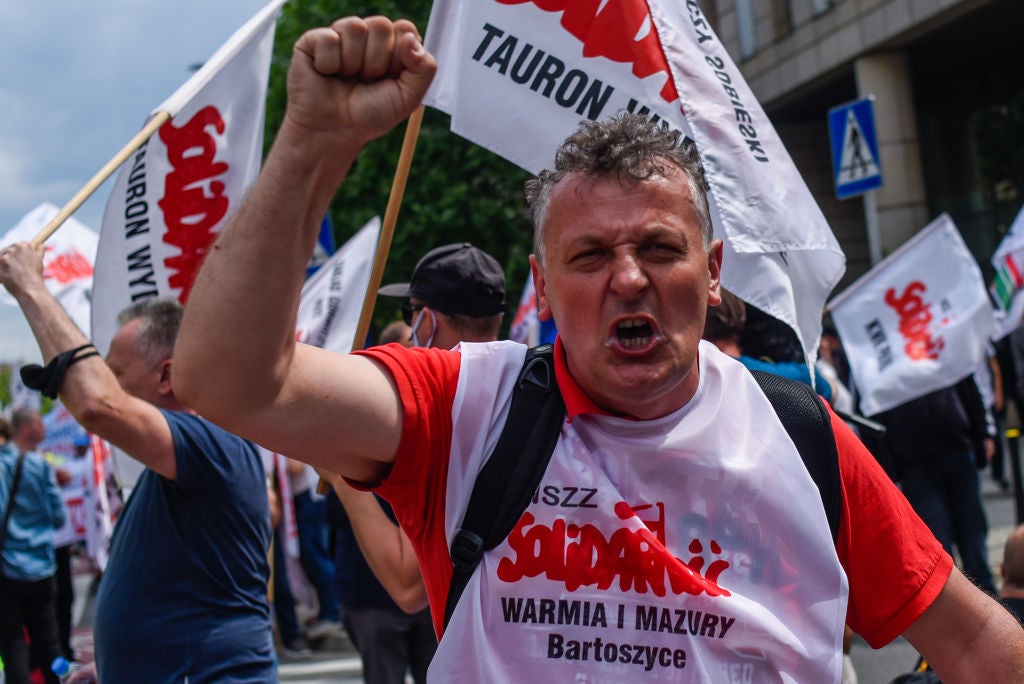 Polish coal miner at anti-government protest