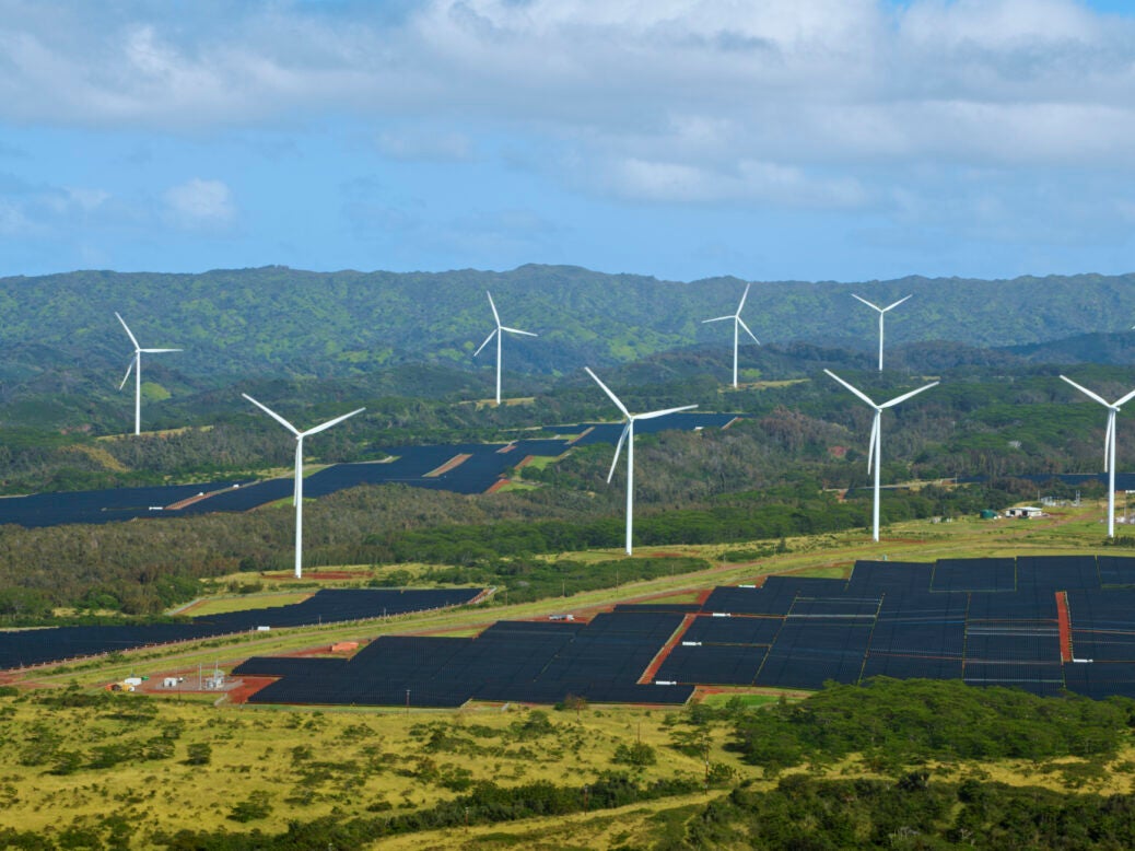 Aerial view of wind and solar farms on the island of Oahu in Hawaii Islands, USA.