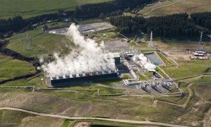 Aerial view of the Rotokawa II geothermal power station located in the north-east of Taupo in New Zealand. 